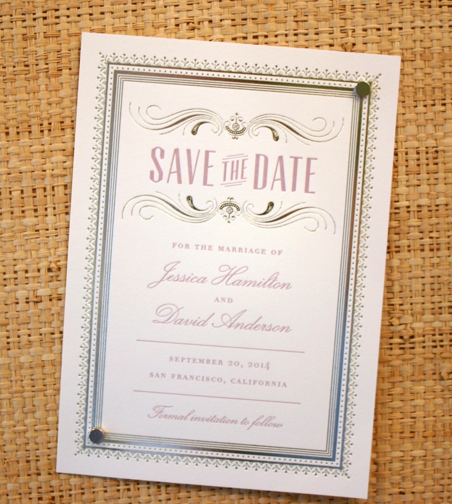 pastel purple and platinum foil are a perfect pairing on a vintage save the date