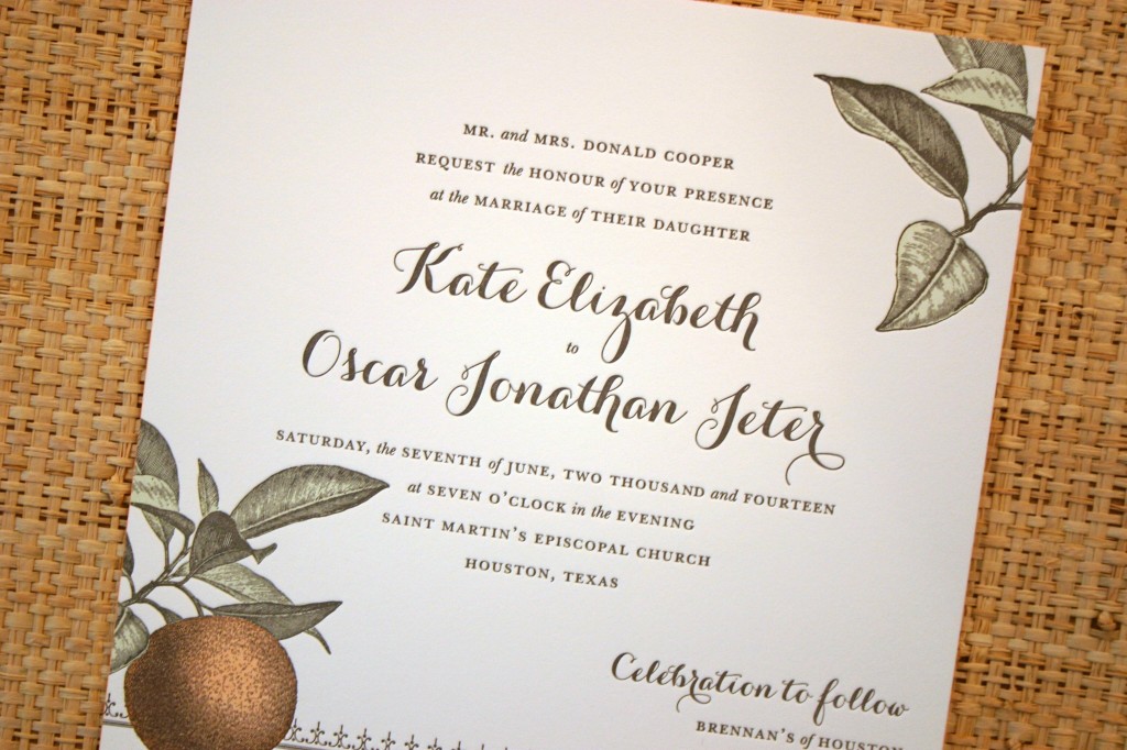 three color letterpress adds depth to the artwork on this sweet invitation