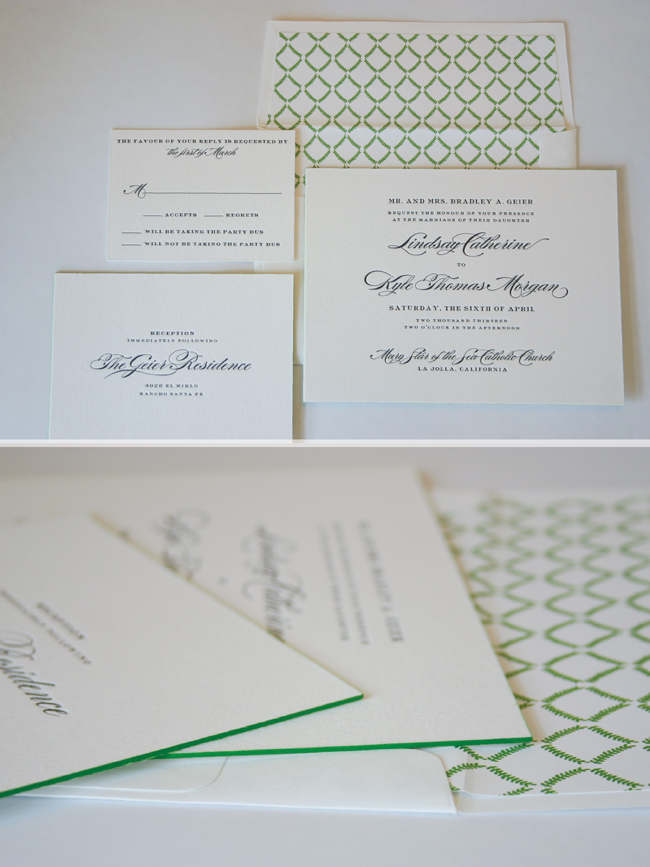 black letterpress with grass green edge paint and a custom liner are just right for a sophisticated garden wedding