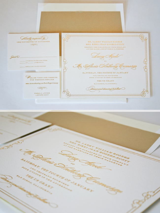 a vintage frame and gold foil set the tone for a regal wedding at the US Grant in San Diego