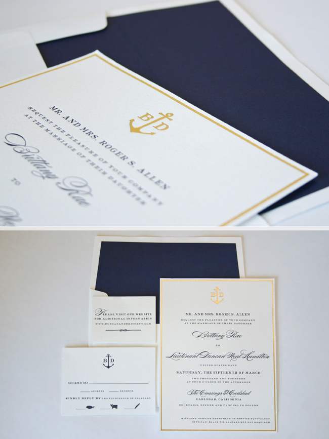 a nautical twist on a classic design in gold foil and navy letterpress
