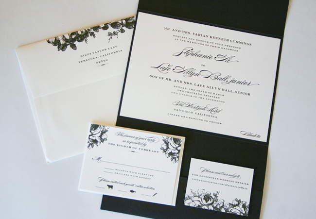 a black pocketfold and florals add an elegant touch to a classic design