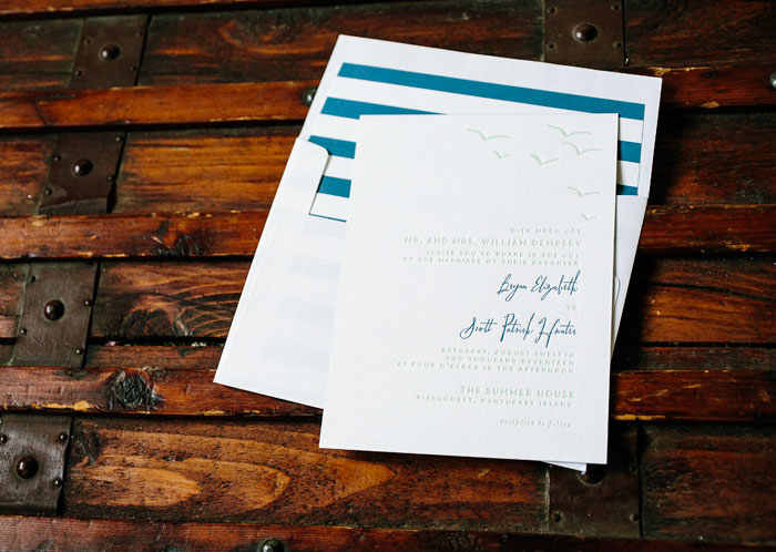 Breezy fonts and beachy motifs make Waterfront perfect for a seaside wedding. Switch out colors, fonts, motifs, and envelope liner patterns to make this your own!
