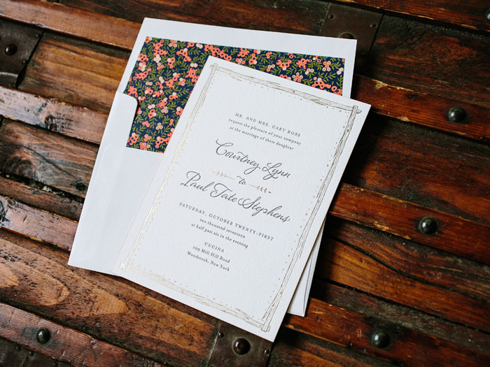 This customization of the Woodland design ties in foil stamped accents for a rustic look with a touch of glamour.