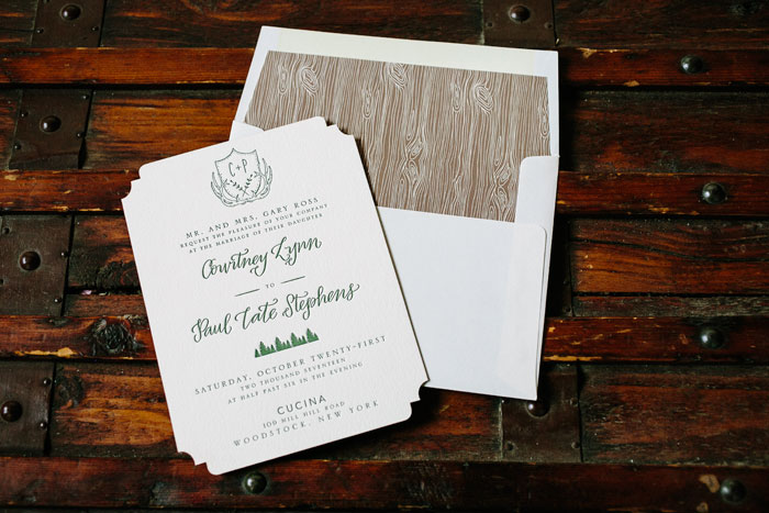 The Woodland design is ideal for a woodsy celebration with natural touches. This original version features letterpress printing, calligraphy accents and a unique die-cut shape.