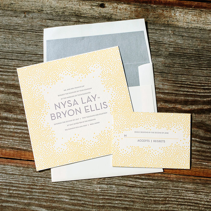 Joie de Vivre features champagne and lavender letterpress ink and a fun confetti border
