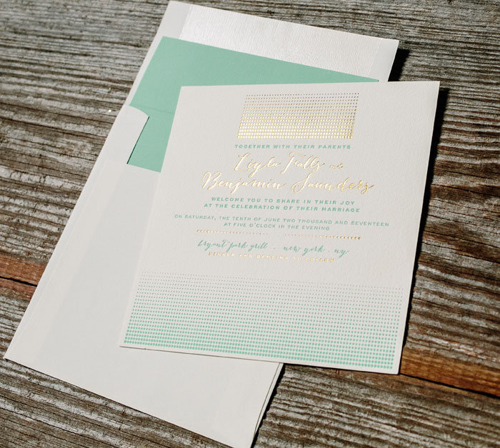 Stipple features letterpress printing in sea-side ink and gold shine foil stamping.