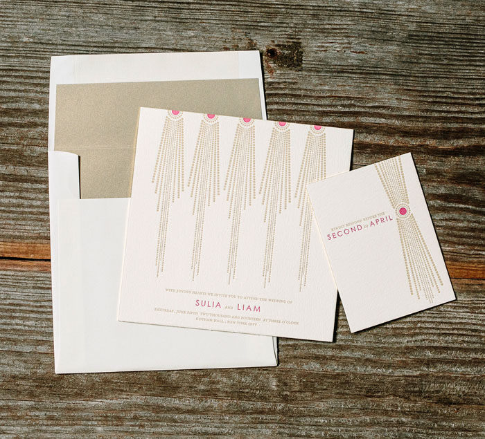 Bejeweled by Bella Figura shows off antique gold and fuchsia letterpress inks on our ivory paper.
