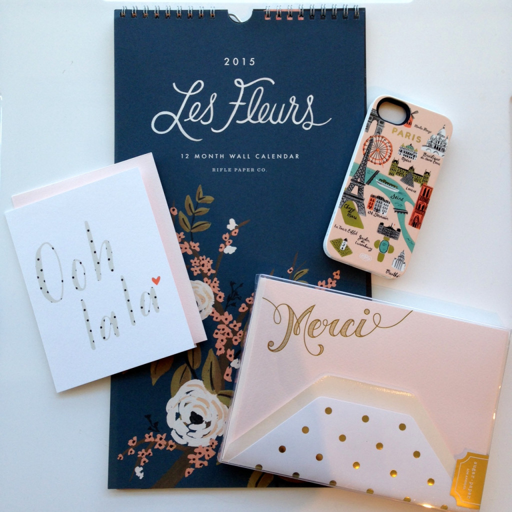Les Fleurs Calendar and Paris Map iPhone 5 case by Rifle Paper Co, Pink Merci Stationery by Sugar Paper, Ooh La La Card by Pei Design
