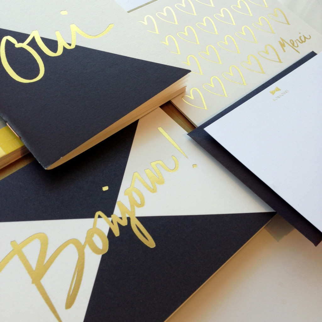 Oui Pocket Notepads, Bonjour Card, and Merci Gold Foil Hearts Card all by Rifle Paper Co, Bonjour Bow-tie Stationery by Fig 2. Design