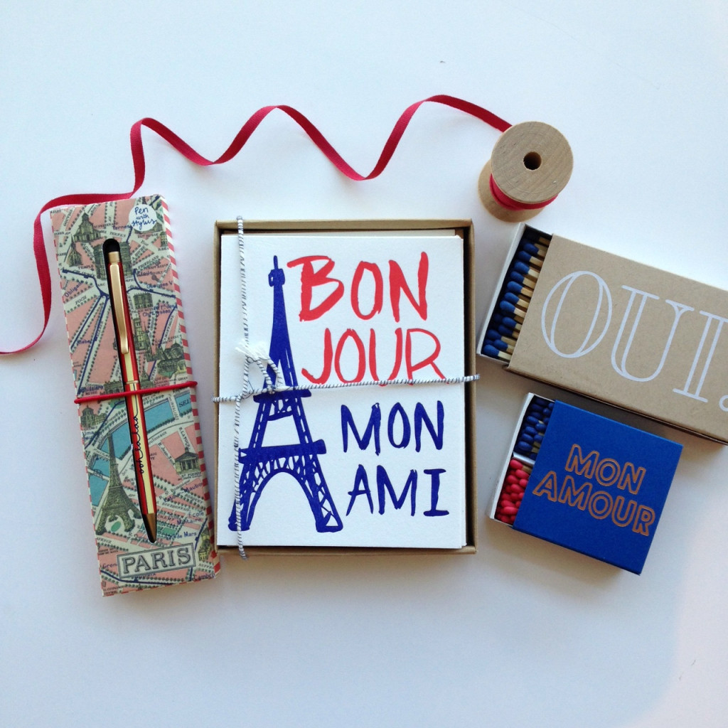 Paris Pen by Wild and Wolf, Bonjour Mon Ami Stationery by 9th Letterpress, Oui! Matches and Mon Amour Matches by The Social Type