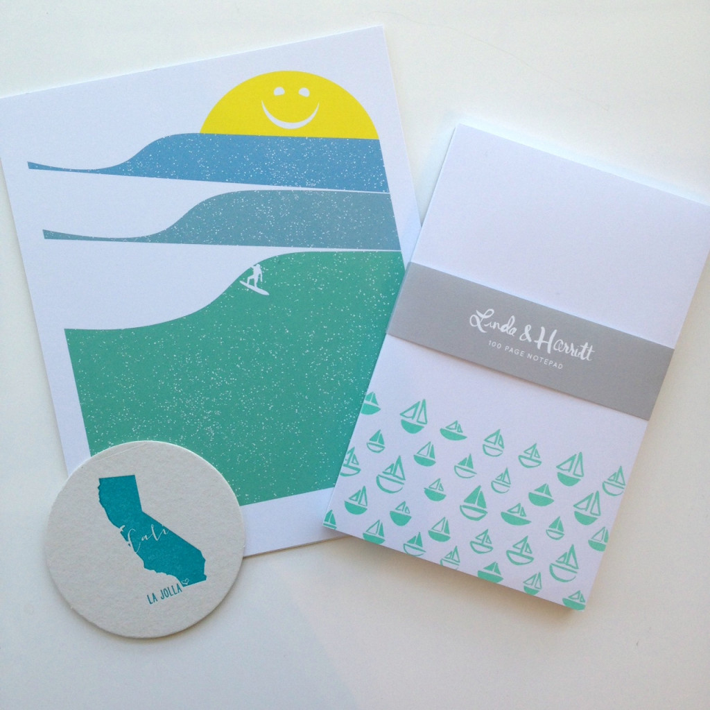 Sunny Surfing Art Print by Brainstorm, La Jolla Coasters by Haute Papier, Sailboats Notepad by Linda & Harriett