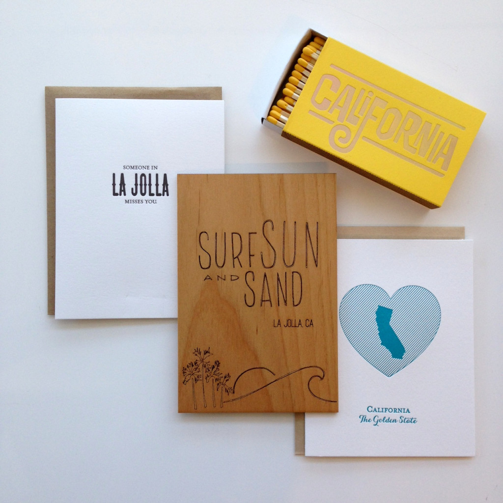 Someone in La Jolla Misses You by Saplin Press, Surf Sun and Sand Wooden Card by Cardtorial, Golden State Card by Pistachio Press, California Dreamin' Matches by The Social Type