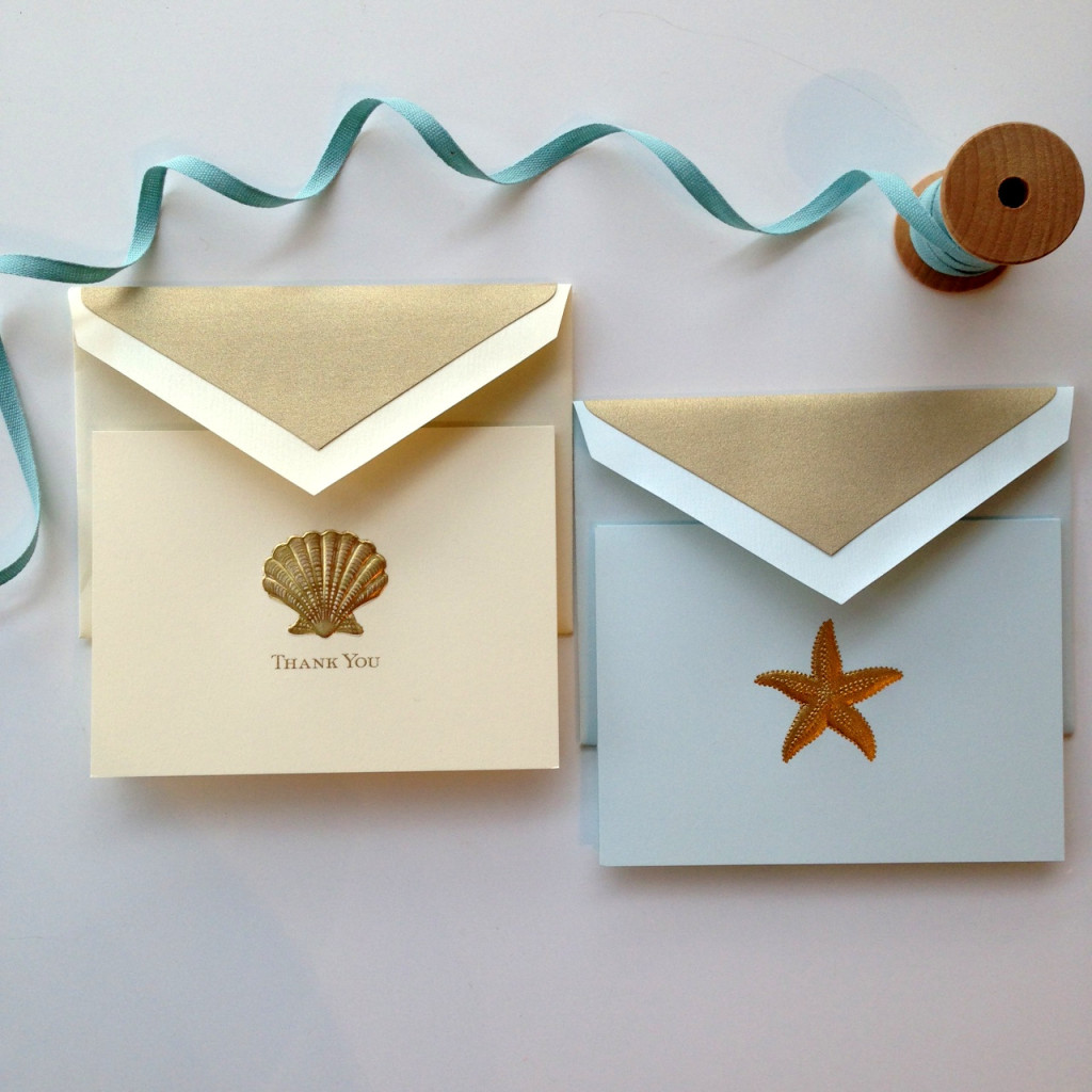 Seashell Engraved Thank You Card and Starfish Engraved Correspondence Card by Crane & Co.
